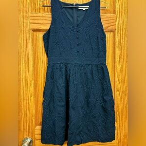 Loft size 4 embroidered a line dress in navy. Lined w/pockets & button accents